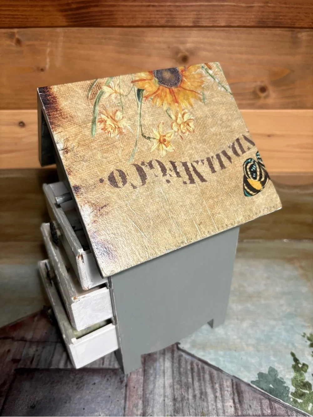 Sage green Wooden Birdhouse-Style Mini Jewelry Box with Floral Drawers
